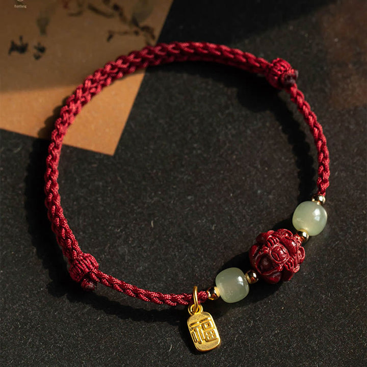 Buddha Stones Natural Cinnabar Chinese Zodiac Hetian Jade Fu Character Luck Rope Bracelet