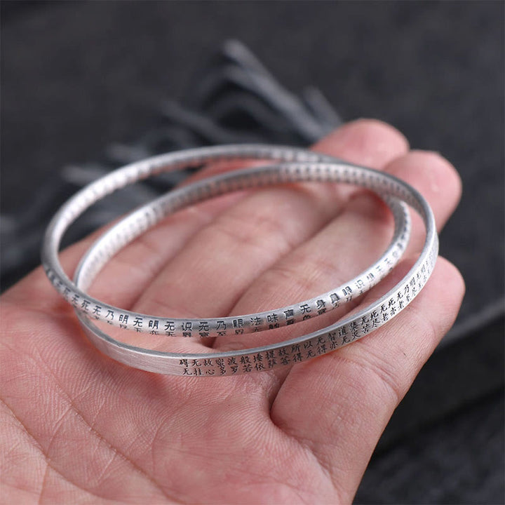 Buddha Stones 999 Sterling Silver Heart Sutra Carved Protection Bracelet Bangle - image 6