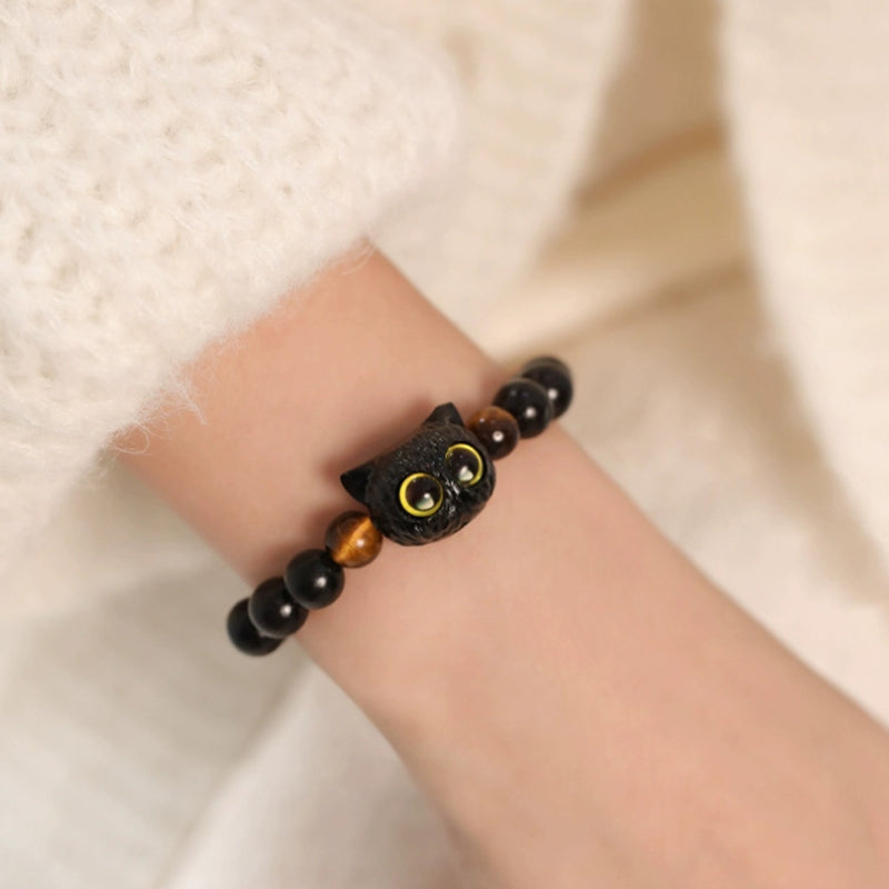 Buddha Stones Cute Ebony Wood Cat Head Pattern Peace Bracelet