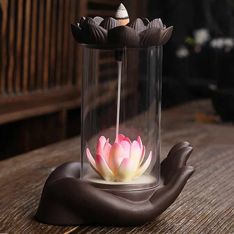 Buddha Stones Buddha Hand Lotus Enlightenment LED Light Purple Clay Ceramic Incense Burner Decoration - image 5