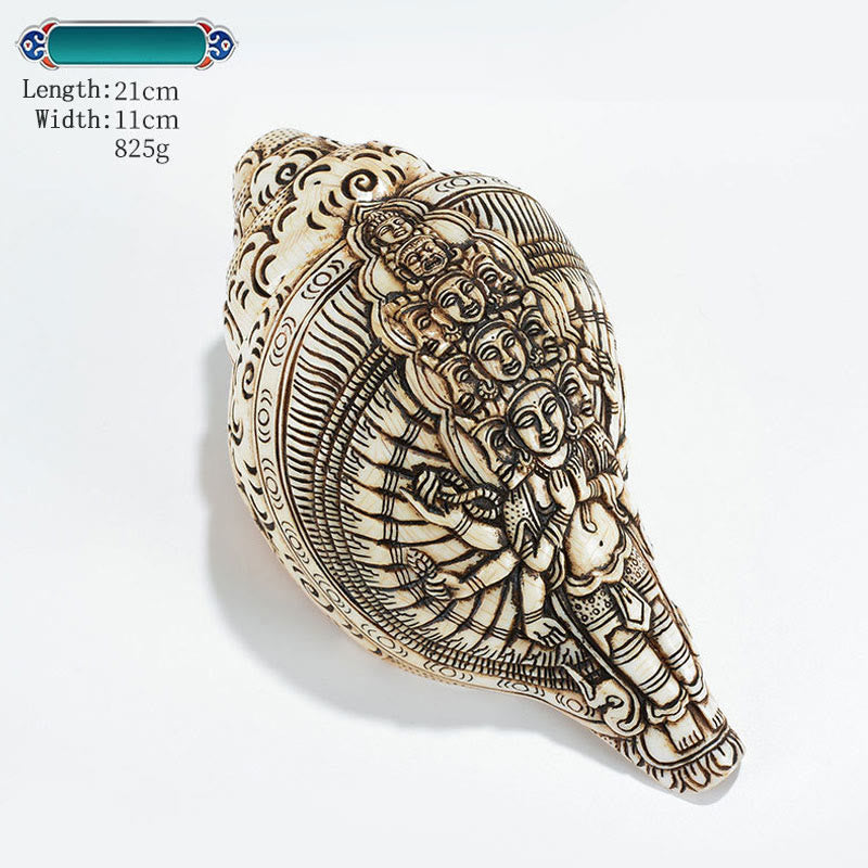 Tibetan Handmade Engraved Shankha Buddha Avalokitesvara Conch Shell Wealth Decoration - Thousand-armed Avalokitesvara 21*11cm - image 32