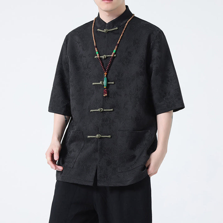 Buddha Stones Solid Color Jacquard Frog-button Chinese Half Sleeve Shirt Men T-shirt