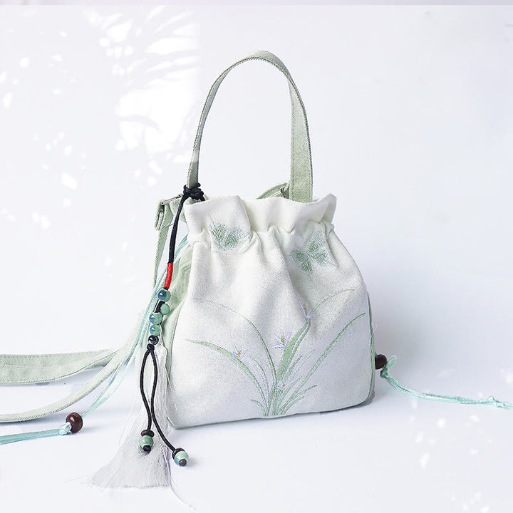 Buddha Stones Handmade Embroidered Flowers Canvas Tote Shoulder Bag Handbag - Green White Grass 20*20cm - image 0