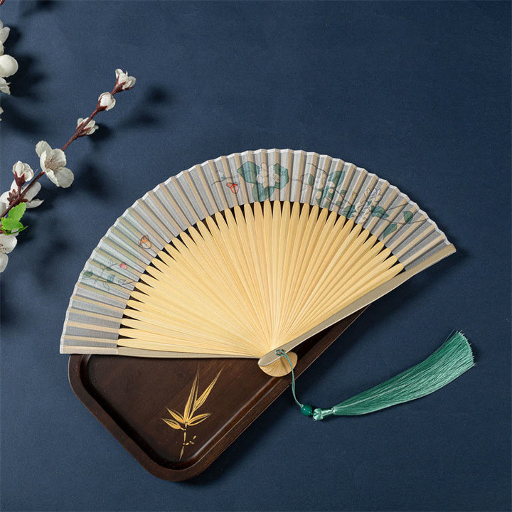 Buddha Stones Lotus Begonia Flower Jasmine Handheld Silk Bamboo Folding Fan 21cm