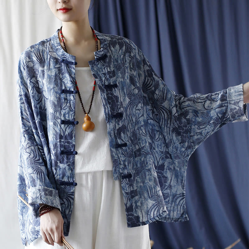 Buddha Stones Retro Blue White Flowers Frog-Button Design Long Sleeve Ramie Linen Jacket Shirt