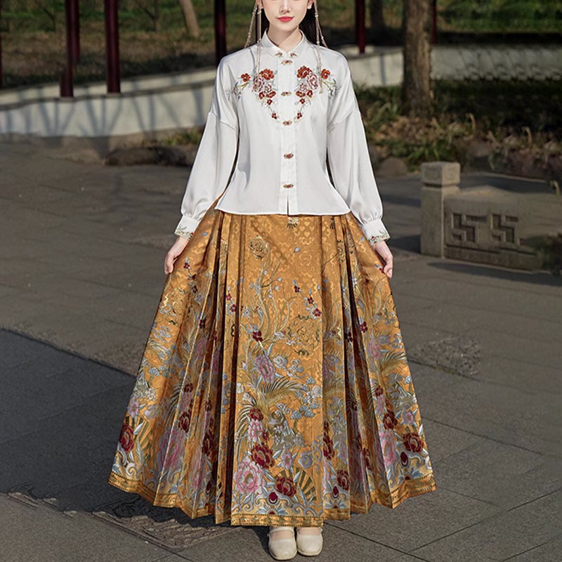 Buddha Stones Golden Flower Phoenix Embroidery Long Sleeve Shirt Top Chinese Hanfu Ming Dynasty Horse Face Skirt Mamianqun Skirt