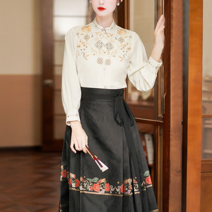 Buddha Stones Long Sleeve Shirt Embroidery Top Chinese Hanfu Phoenix Horse Face Skirt Mamianqun