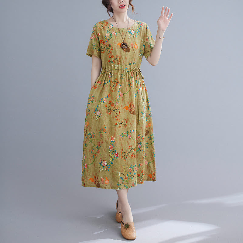 Buddha Stones Flowers Print Midi Dress Cotton Linen Tunic Dress With Pockets