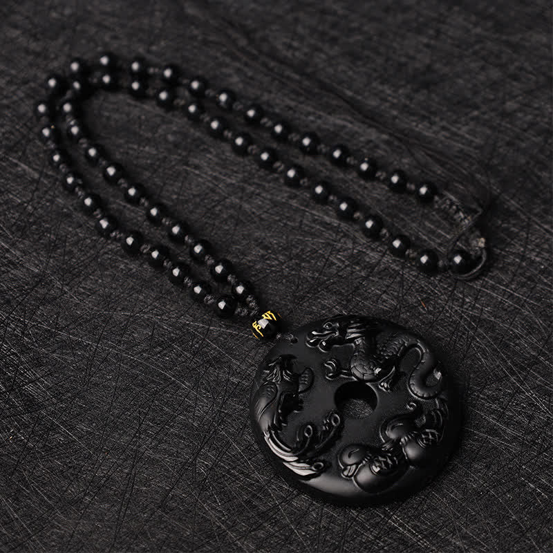 Buddha Stones Black Obsidian Dragon Phoenix Mandarin Duck Luck Protection Necklace Pendant