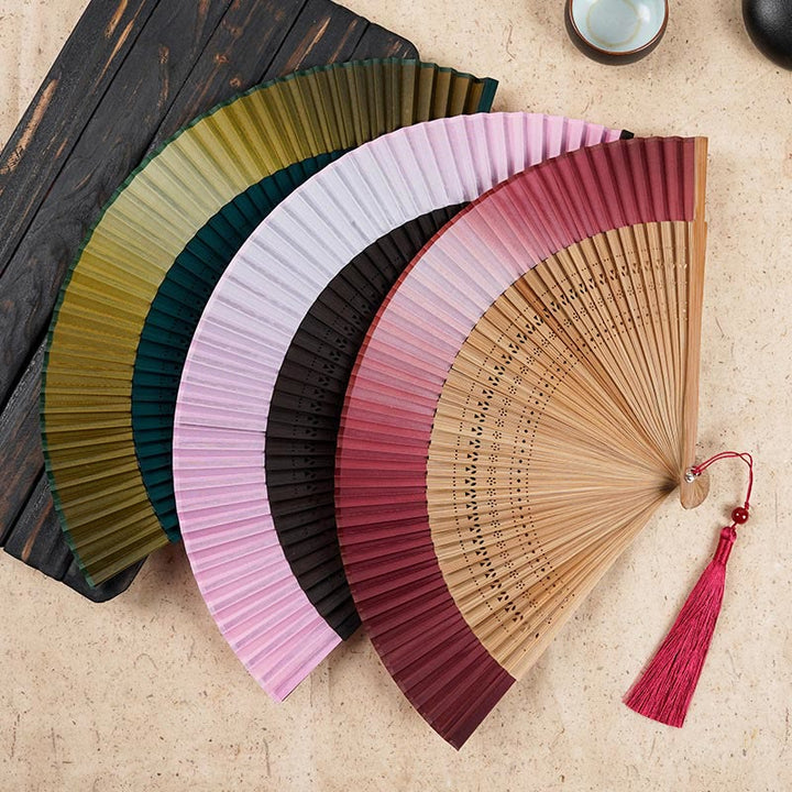 Buddha Stones Solid Color Gradient Hollow Engraved Handheld Bamboo Folding Fan