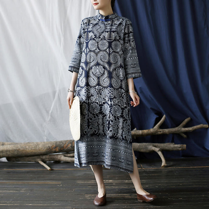 Buddha Stones Blue White Flower Frog-button Midi Dress Three Quarter Sleeve Linen Batik Dress With Pockets