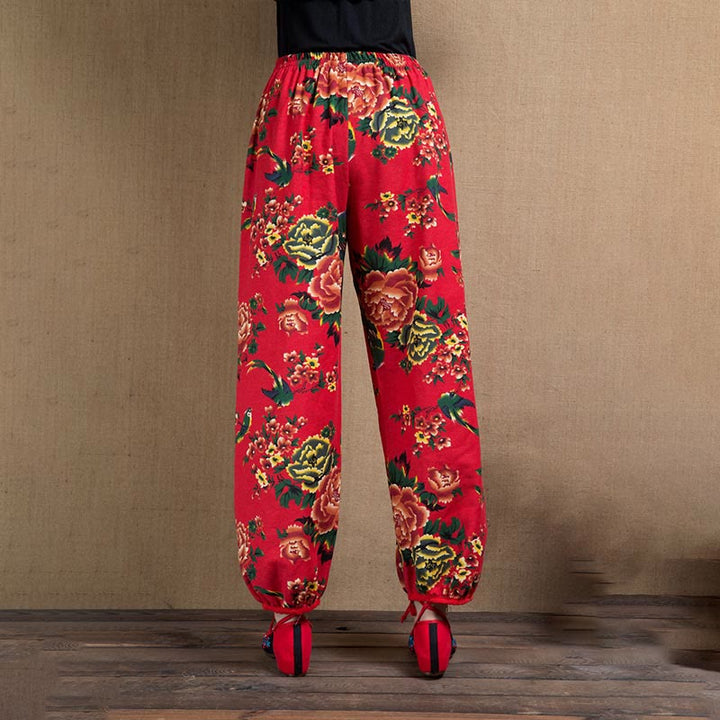 Buddha Stones Ethnic Style Red Green Flowers Print Harem Pants With Pockets