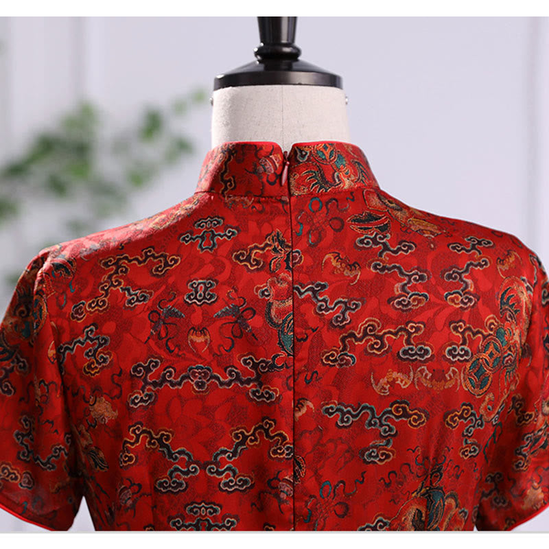 Buddha Stones Vintage Auspicious Clouds Leaf Print Cheongsam Dress Women's Qipao Dress