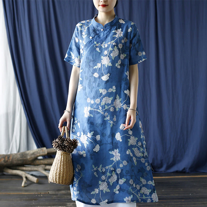 Buddha Stones Ramie Linen Blue White Flowers Branches Cheongsam Dresses Short Sleeve Dress