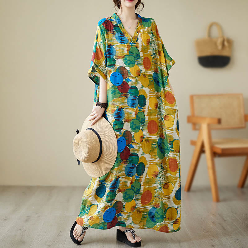 Buddha Stones Orange Blue Colorful Polka Dots Midi Dress Cotton Half Sleeve Dress With Pockets