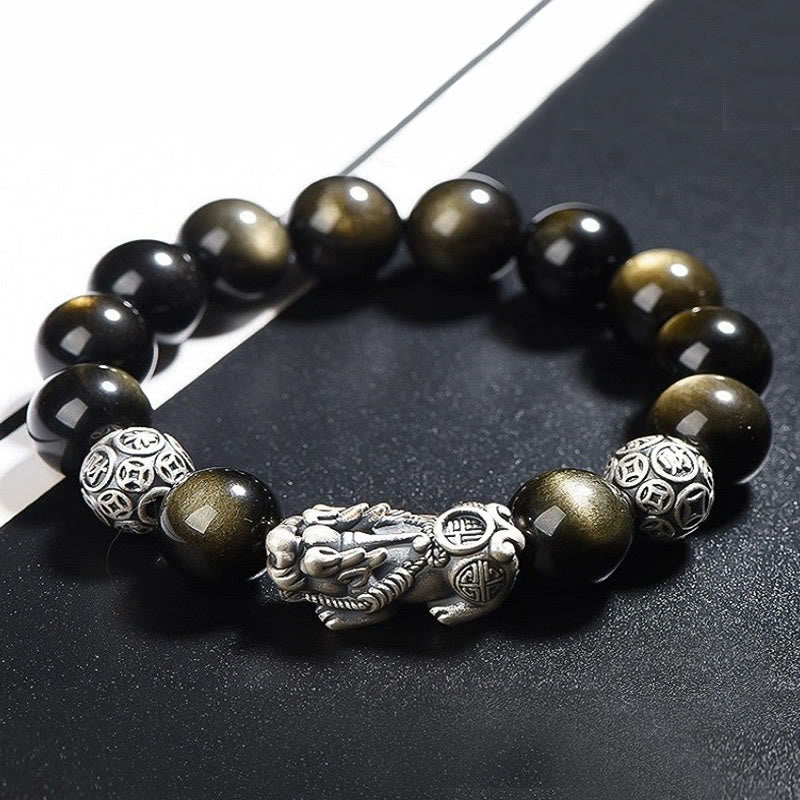 Buddha Stones 925 Sterling Silver Natural Gold Sheen Obsidian PiXiu Wealth Protection Bracelet - 14mm - image 5