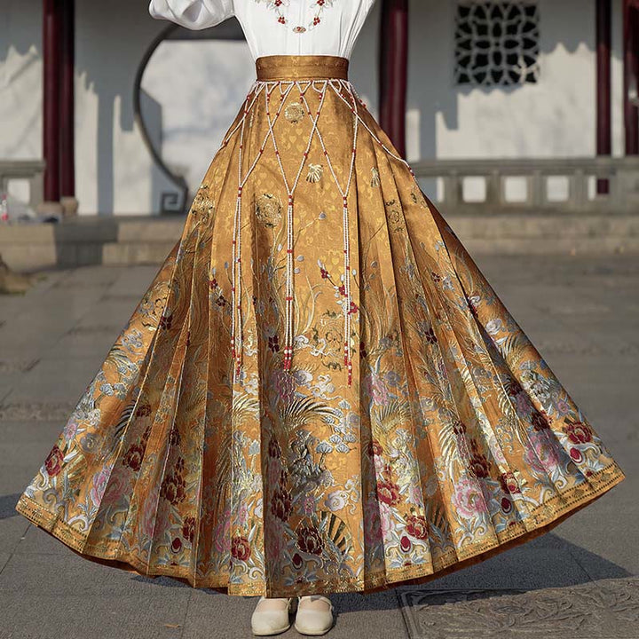 Buddha Stones Golden Flower Phoenix Embroidery Long Sleeve Shirt Top Chinese Hanfu Ming Dynasty Horse Face Skirt Mamianqun Skirt