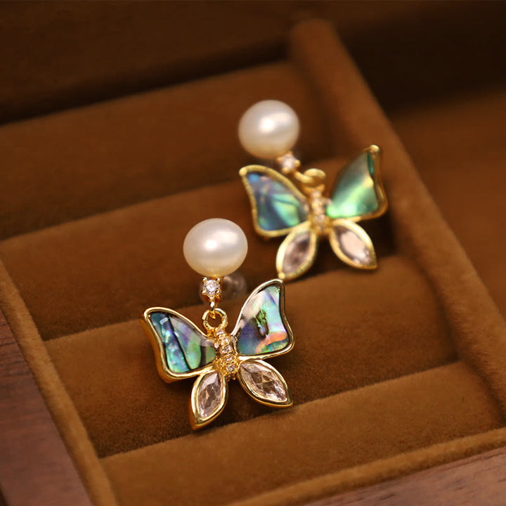 Buddha Stones 18K Gold Plated Copper Natural Shell Pearl Butterfly Sincerity Stud Earrings