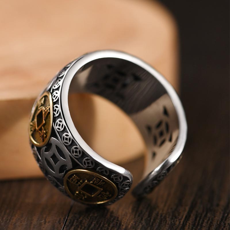 Buddha Stones Five-Emperor Coins Balance Adjustable Ring