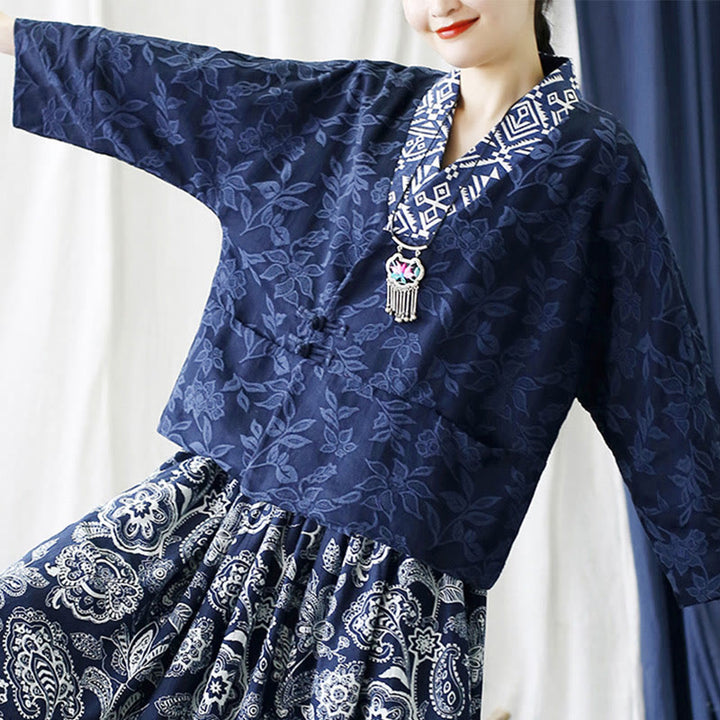 Buddha Stones Flower Jacquard V-Neck Long Sleeve Jacket