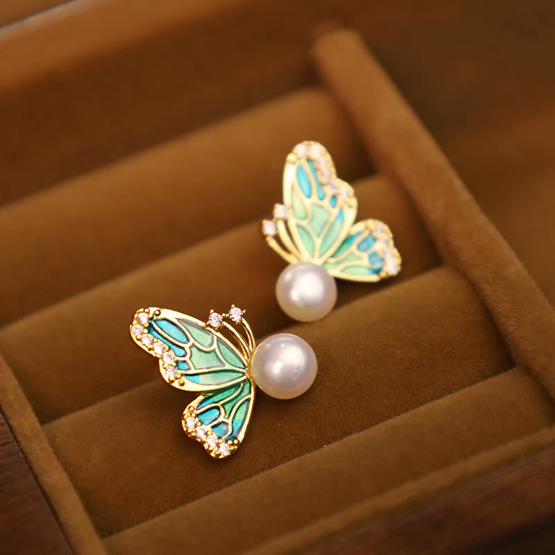 Buddha Stones 925 Sterling Silver Posts 18K Gold Plated Copper Natural Pearl Butterfly Healing Stud Earrings