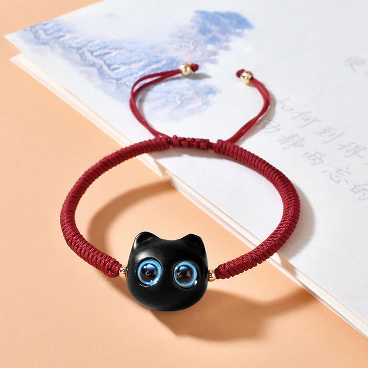 Buddha Stones Ebony Wood Cat Head Pattern Peace King Kong Knot Braided Bracelet - Dark Red Rope(Wrist Circumference 14-18cm) - image 1
