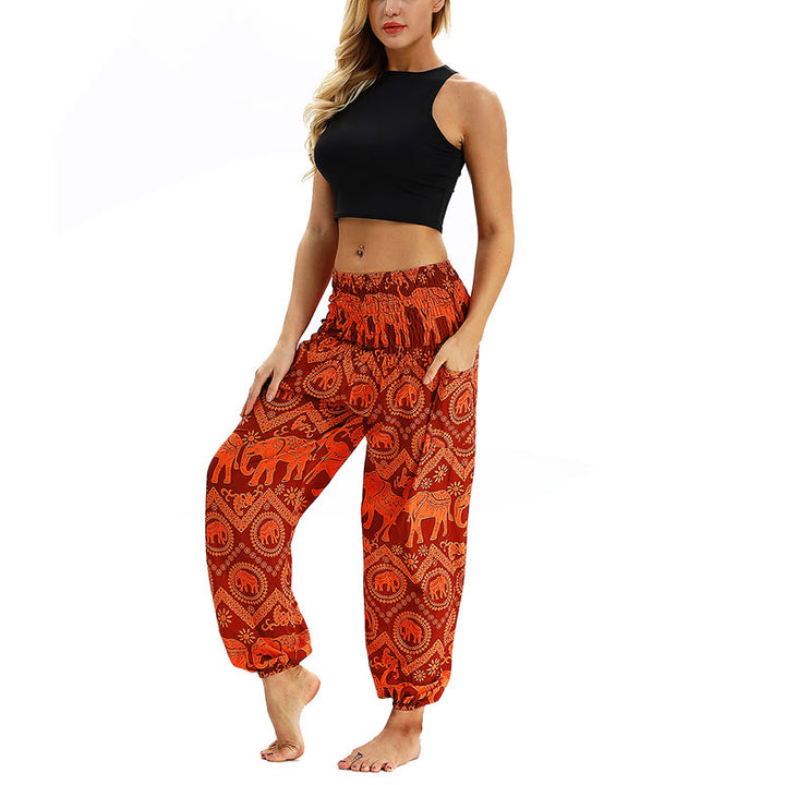 Buddha Stones Boho Loose Geometric Elephant Pattern Harem Trousers Women's Yoga Pants