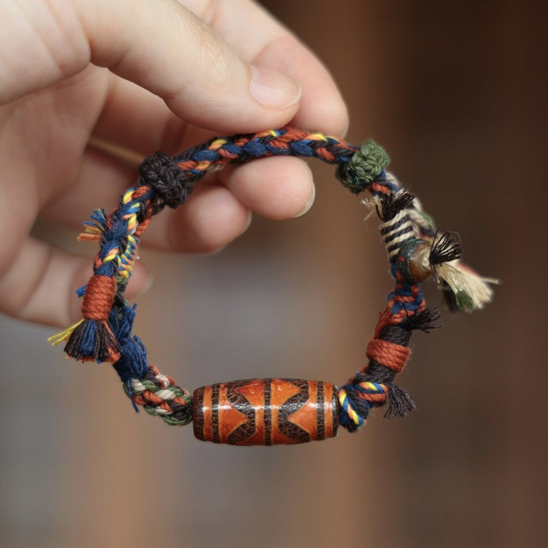 Buddha Stones Vintage Tibetan Dzi Bead Luck Rope Bracelet - Double-Tiger-Tooth Dzi Bead (Wrist Circumference: 5.9–7.1 in/15–18 cm) - image 0