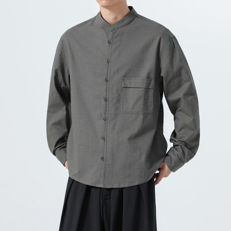 Buddha Stones Fall Minimalist Tang Style Mandarin Collar Patch Pocket Solid Men's Long Sleeve Shirts With Pocket - image 3