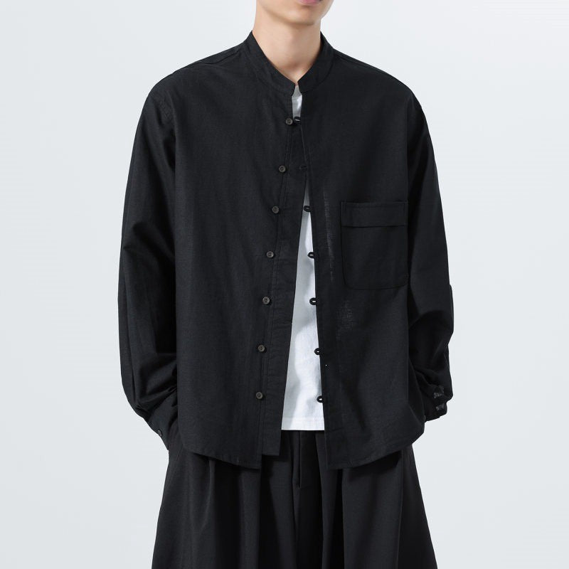 Buddha Stones Fall Minimalist Tang Style Mandarin Collar Patch Pocket Solid Men's Long Sleeve Shirts With Pocket - image 8