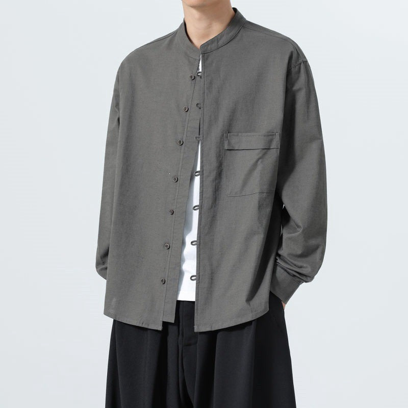 Buddha Stones Fall Minimalist Tang Style Mandarin Collar Patch Pocket Solid Men's Long Sleeve Shirts With Pocket - image 1