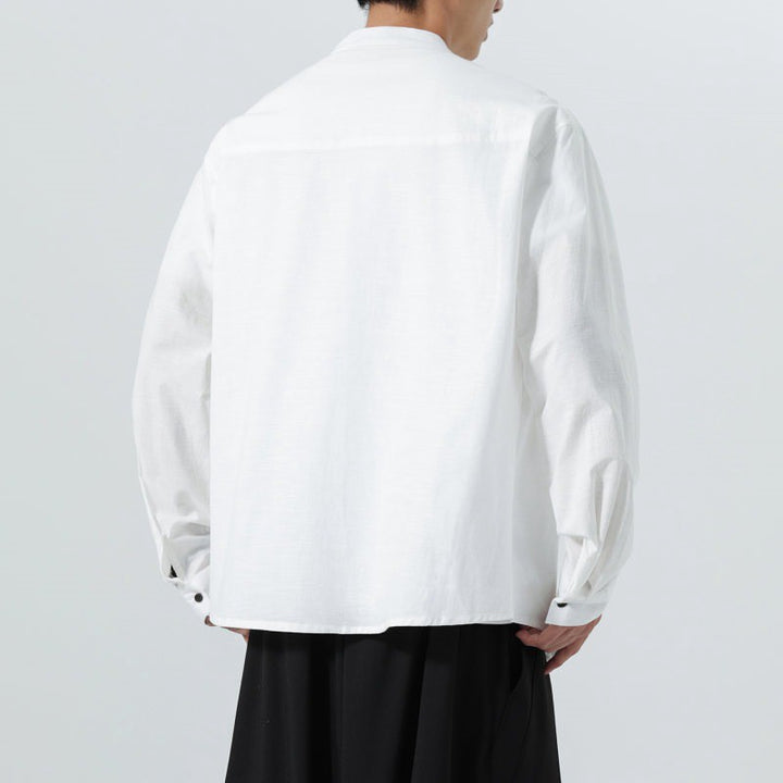 Buddha Stones Fall Minimalist Tang Style Mandarin Collar Patch Pocket Solid Men's Long Sleeve Shirts With Pocket - image 23
