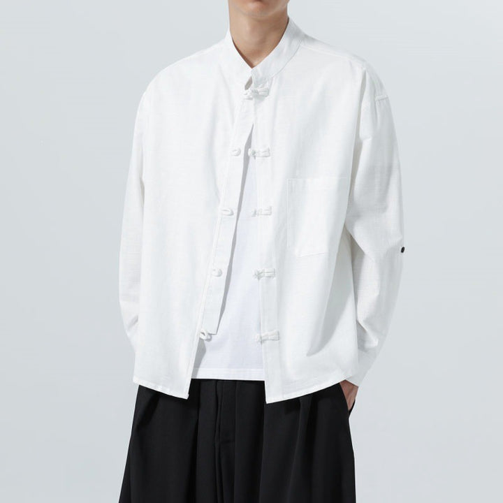 Buddha Stones Spring Fall Tang Style Minimalist Frog Button Mandarin Collar Solid Men's Long Sleeve Shirts With Pocket - image 26