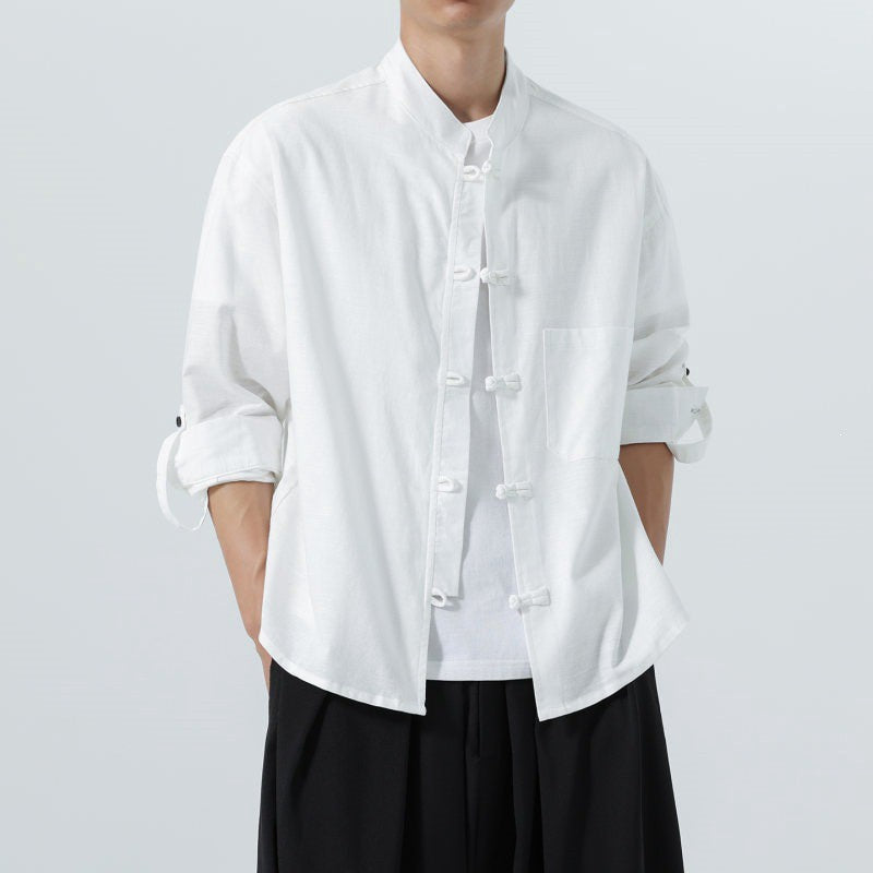 Buddha Stones Spring Fall Tang Style Minimalist Frog Button Mandarin Collar Solid Men's Long Sleeve Shirts With Pocket - image 23