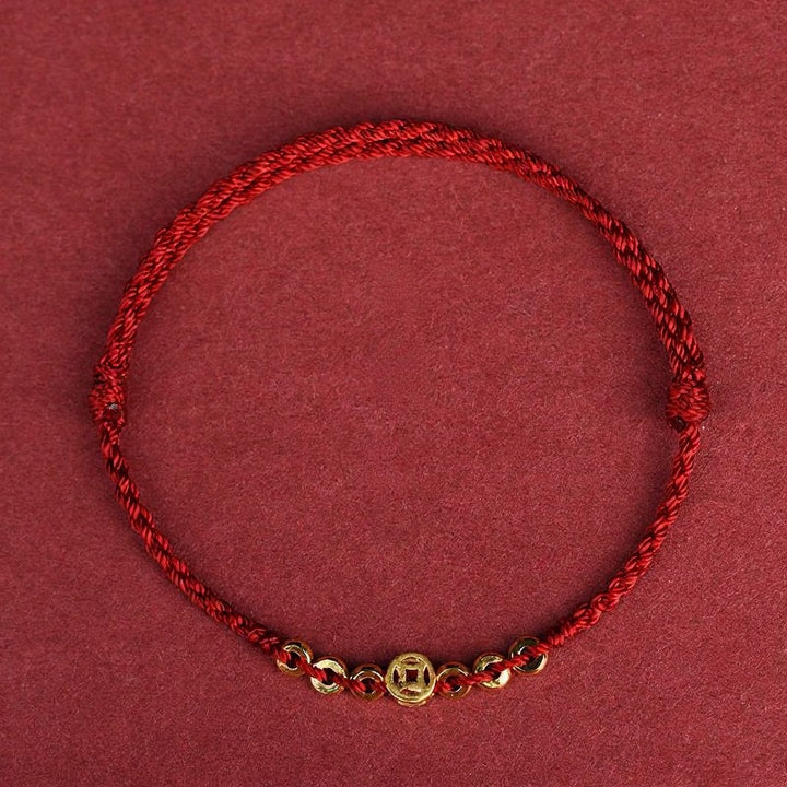 Buddha Stones Braided Red String Round Chinese Coin Good Fortune Bracelet - Dark Red (Wrist Circumference: 6.3–7.5 in/16–19 cm) - image 3