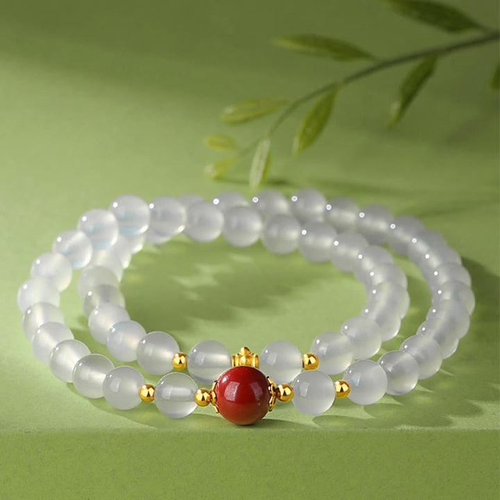 Buddha Stones 925 Sterling Silver Natural White Agate Cinnabar Double Wrap Protection Bracelet - White Agate&Cinnabar - image 0