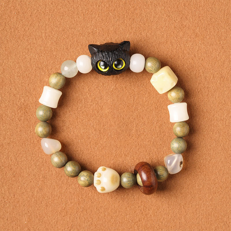 Buddha Stones Bodhi Seed Green Sandalwood Ebony Wood Small Leaf Red Sandalwood Cat Head Paw Claw Peace Bracelet - Ebony Wood Cute Cat(Yellow Eyes)(Wrist Circumference 14-16cm) - image 16