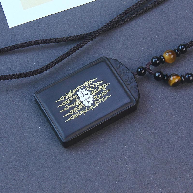 Buddha Stones 999 Sterling Silver Ebony Wood Lotus Inlaid Calm Necklace Pendant - Ebony Wood 6*4*1cm - image 1