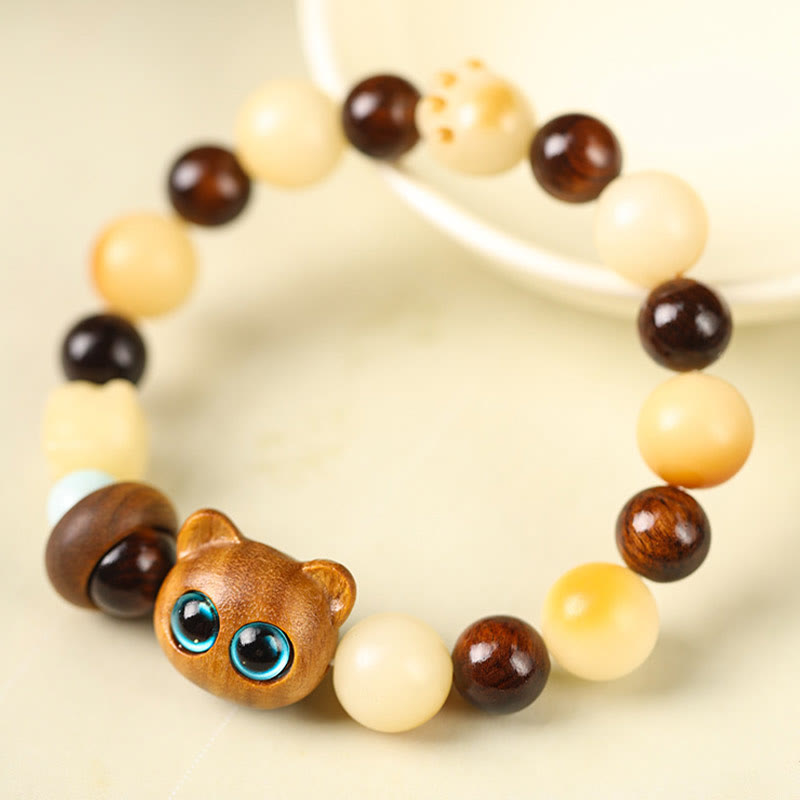 Buddha Stones Natural Bodhi Seed Sandalwood Lucky Cute Cat Head Paw Claw Peace Bracelet - image 3