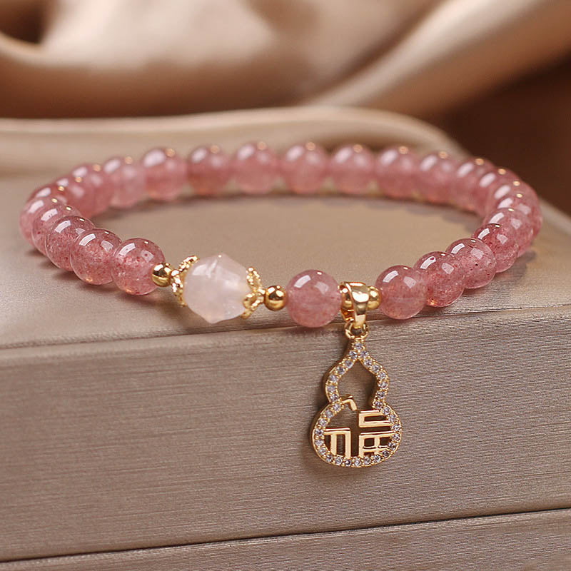 Buddha Stones Strawberry Quartz Gourd Fu Character Charm Positive Bracelet