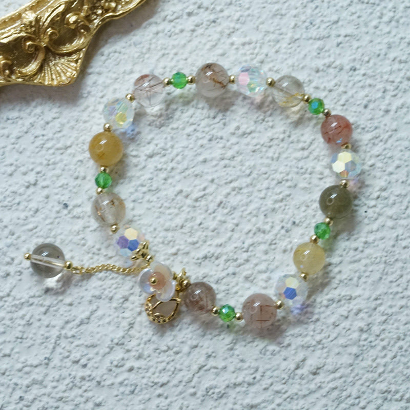 Buddha Stones Strawberry Quartz Rutilated Quartz Fluorite Flower Healing Bracelet