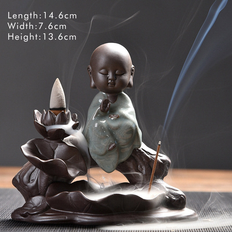 Buddha Stones Little Monk Ceramic Lotus Blessing Incense Burner Decoration - Little Ksitigarbha Bodhisattva - image 10