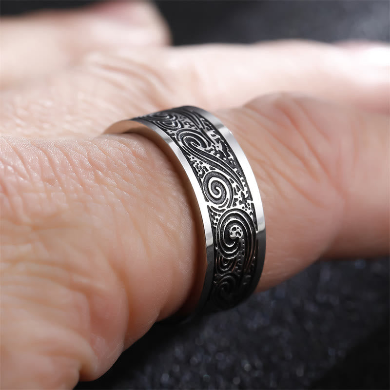 Vintage Wave Auspicious Clouds Engraved Pattern Titanium Steel Balance Ring