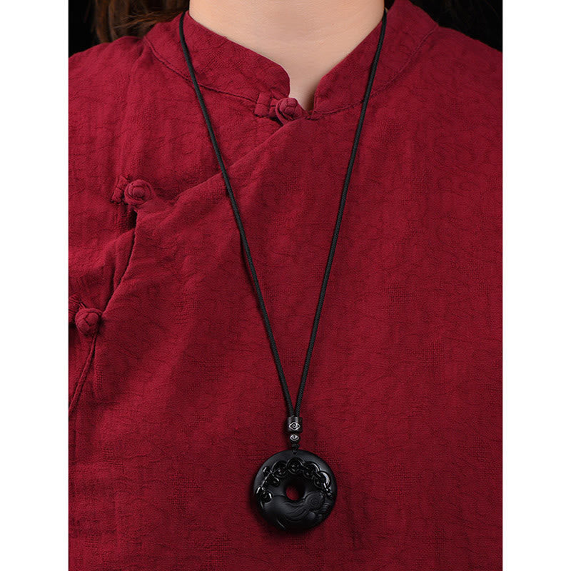 Buddha Stones Chinese Zodiac Natural Black Obsidian Peace Buckle Strength Necklace Pendant - image 12