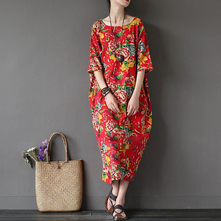 Buddha Stones Red Peony Flowers Printed Midi Dress Half Sleeve Cotton Linen Dress