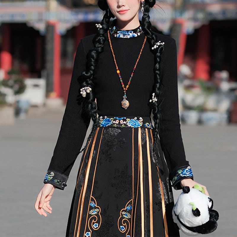 Buddha Stones Long Sleeve T-Shirt Top Tee Chinese Hanfu Embroidery Colorful Peony Flowers Horse Face Skirt Mamianqun