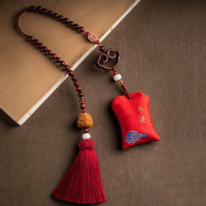Buddha Stones Tibetan Small Leaf Red Sandalwood Lotus Cinnabar Sachet Protection Tassel Car Hanging Decoration