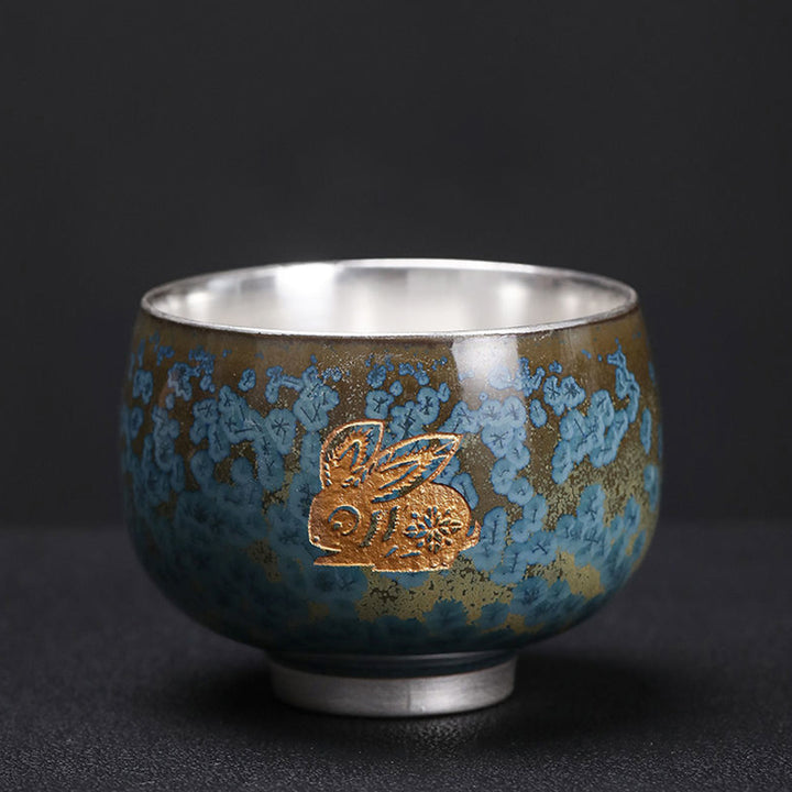 Buddha Stones 999 Gilt Silver Gilt Chinese Zodiac Ceramic Teacup Kung Fu Tea Cup 160ml