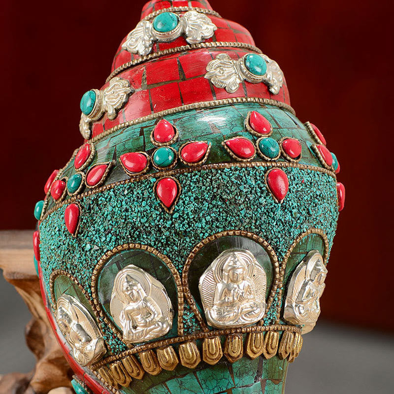 Tibetan Handmade Shankha Om Mani Padme Hum Buddha Avalokitesvara Turquoise Conch Shell Positive Decoration - image 6