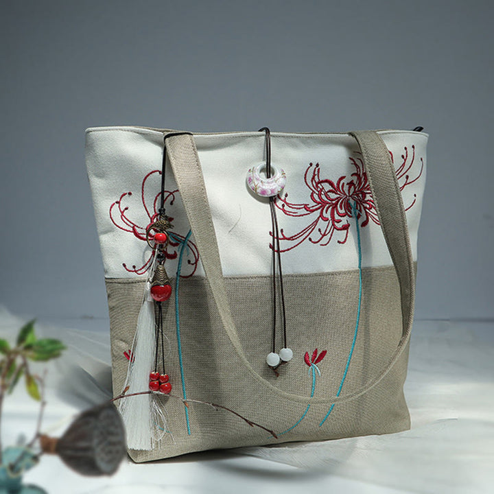 Pear Flower Plum Peach Blossom Bamboo Embroidery Canvas Large Capacity Shoulder Bag Tote Bag - image 47